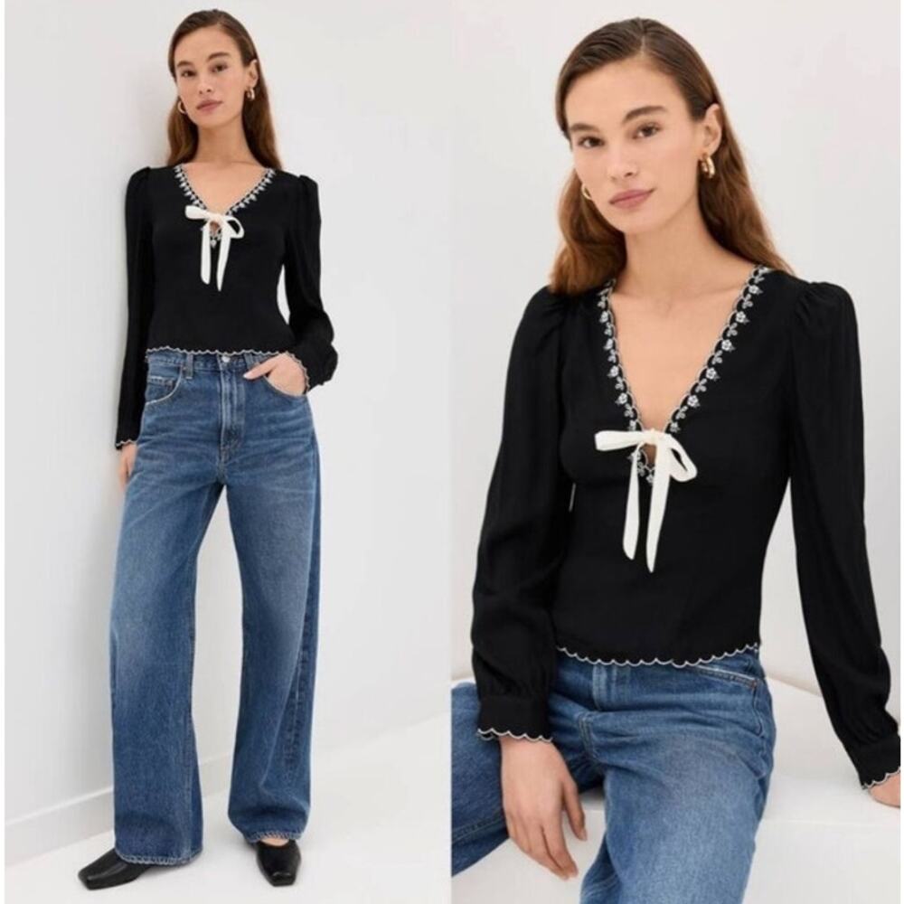 Reformation Vivia Embroidered Scallop Top Black Long Sleeve Tie Front